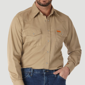 FLAME RESISTANT LONG SLEEVE WESTERN SNAP SOLID TWILL WORK SHIRT IN KHAKI