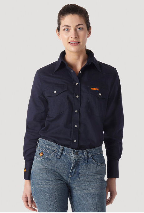 Wrangler Women's FR Long Sleeve Work Shirt, Navy - Quest Safety PPE