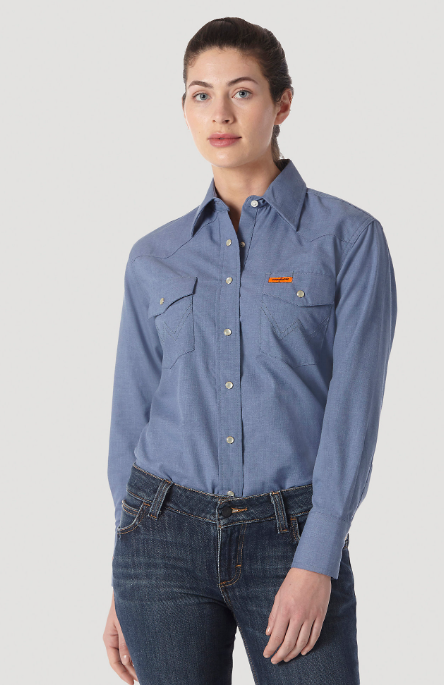 Wrangler Women's FR Long Sleeve Work Shirt, Blue - Quest Safety PPE